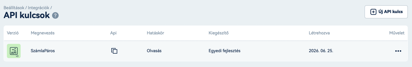 Az Új API kulcs gomb a Billingo API kulcsok oldalán