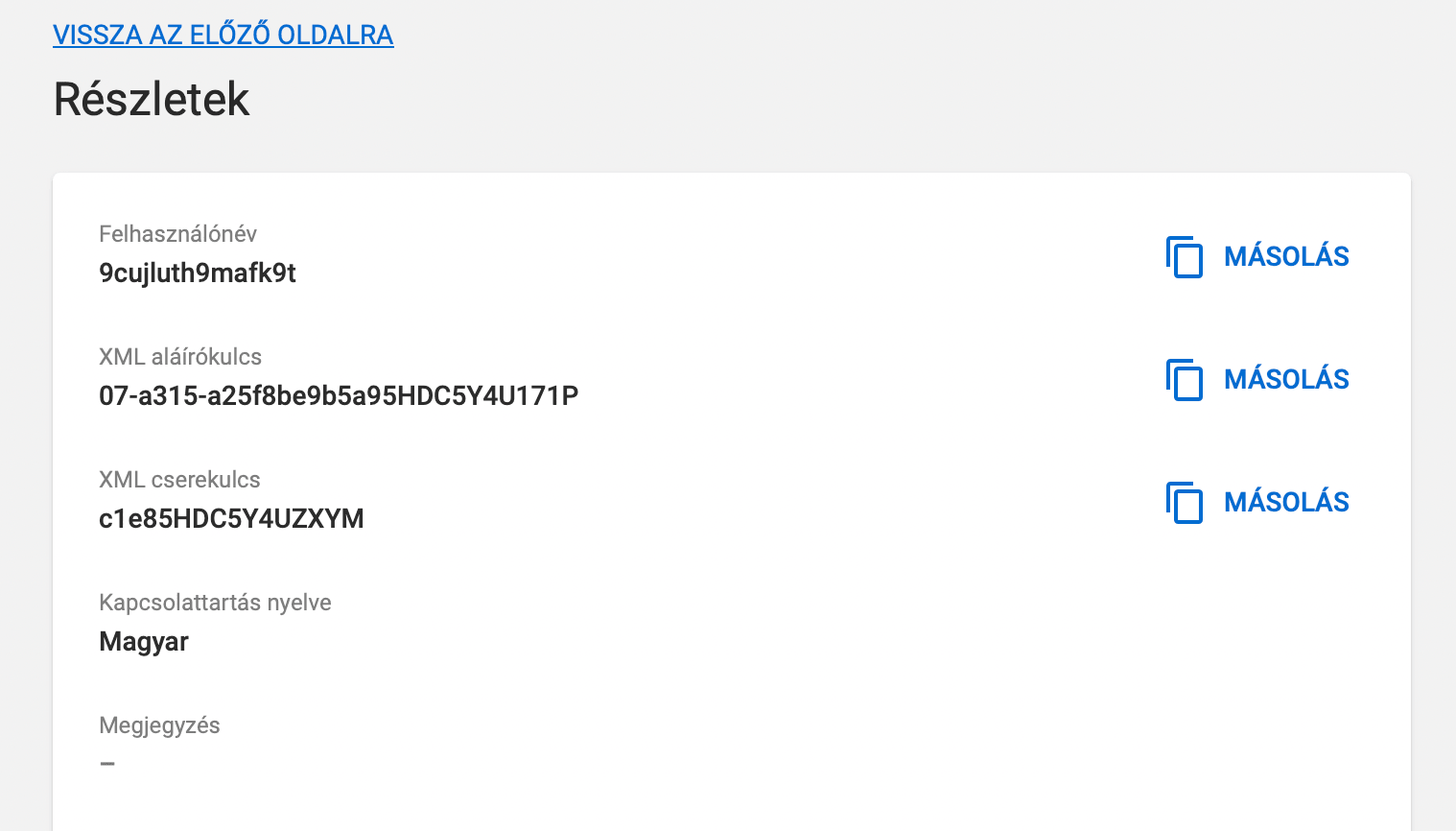 A technikai felhasználó Részletek oldala: felhasználónév, XML aláírókulcs, XML cserekulcs
