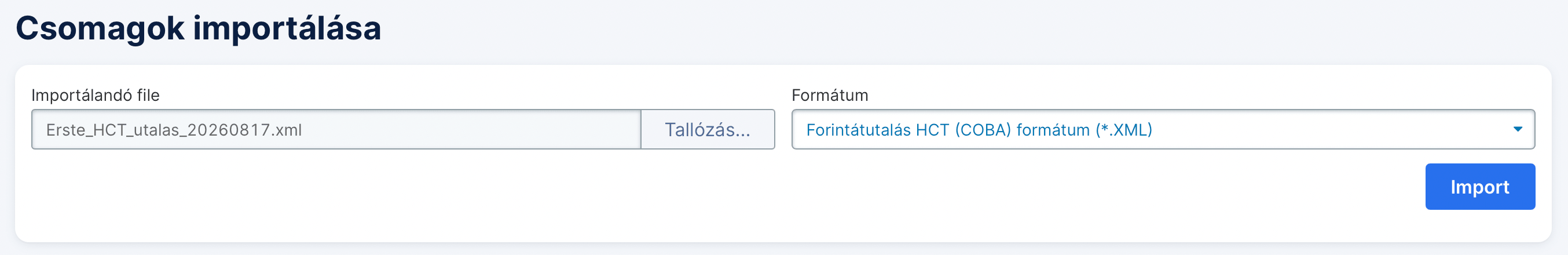 Utalási fájl formátum kiválasztása az Erste netbankjában